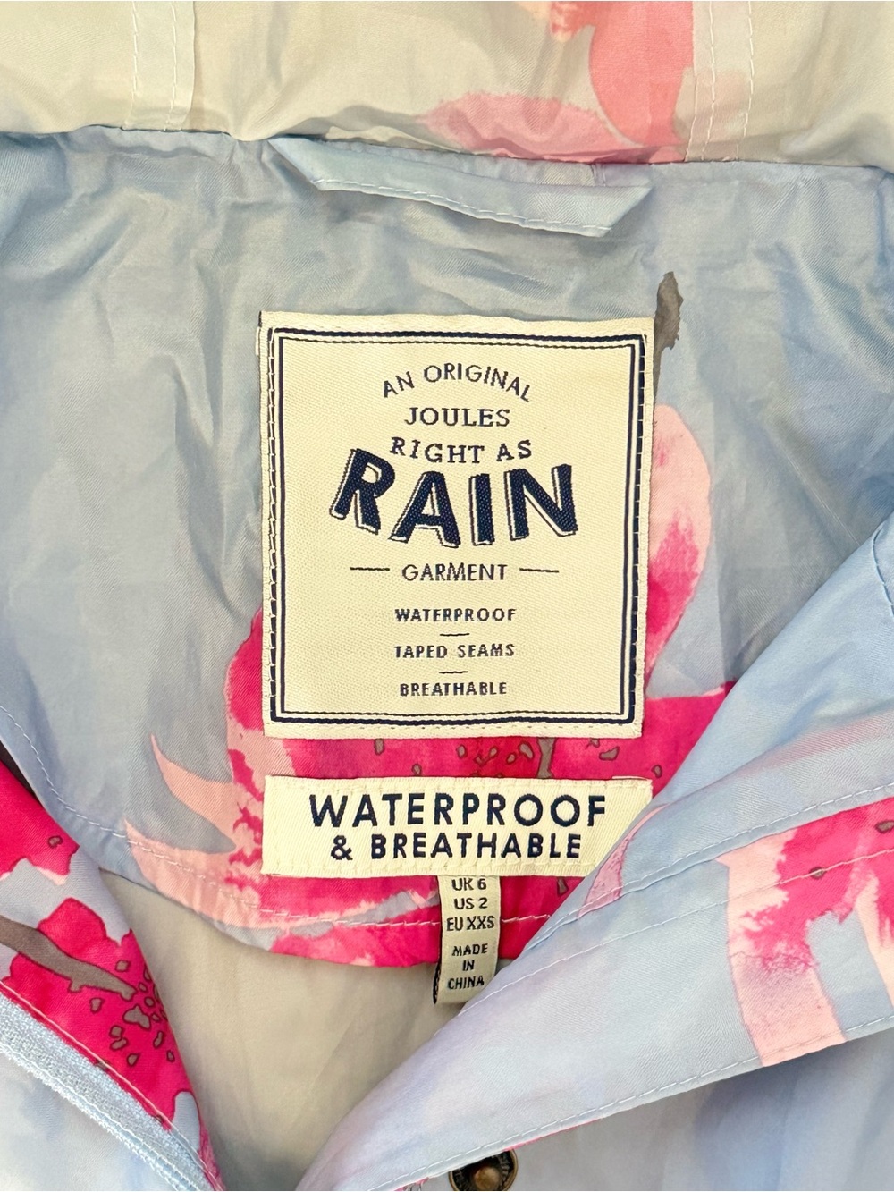 Joules Blue Pink Floral Lightweight Full Zipper Hooded Raincoat Rain Jacket - Picture 2 of 12